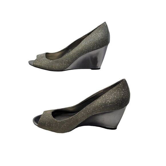 Bandolino Womens BDTufflove Wedge 11 Heel Metallic Silver Sparkle Peep Toe Glam - Picture 6 of 11